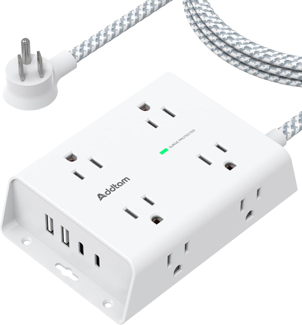 Surge Protector Power Strip, 8 Widely Outlets with 4 USB Ports (2 USB C), 5Ft Extension Cord with Multiple Plug Outlets, 3 Side Outlet Extender, Flat Plug, Wall Mount, ETL, White