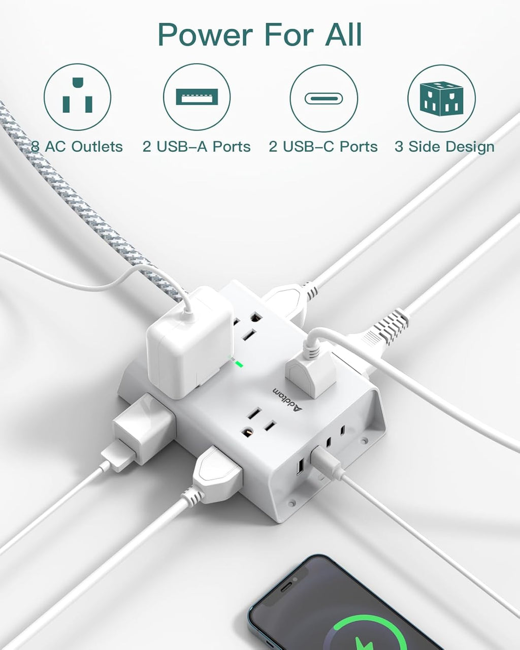 Surge Protector Power Strip, 8 Widely Outlets with 4 USB Ports (2 USB C), 5Ft Extension Cord with Multiple Plug Outlets, 3 Side Outlet Extender, Flat Plug, Wall Mount, ETL, White