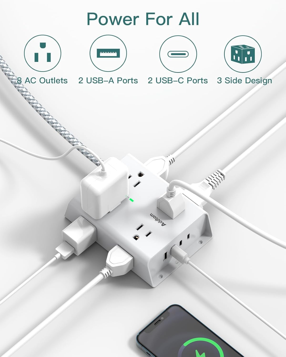 Surge Protector Power Strip, 8 Widely Outlets with 4 USB Ports (2 USB C), 5Ft Extension Cord with Multiple Plug Outlets, 3 Side Outlet Extender, Flat Plug, Wall Mount, ETL, White