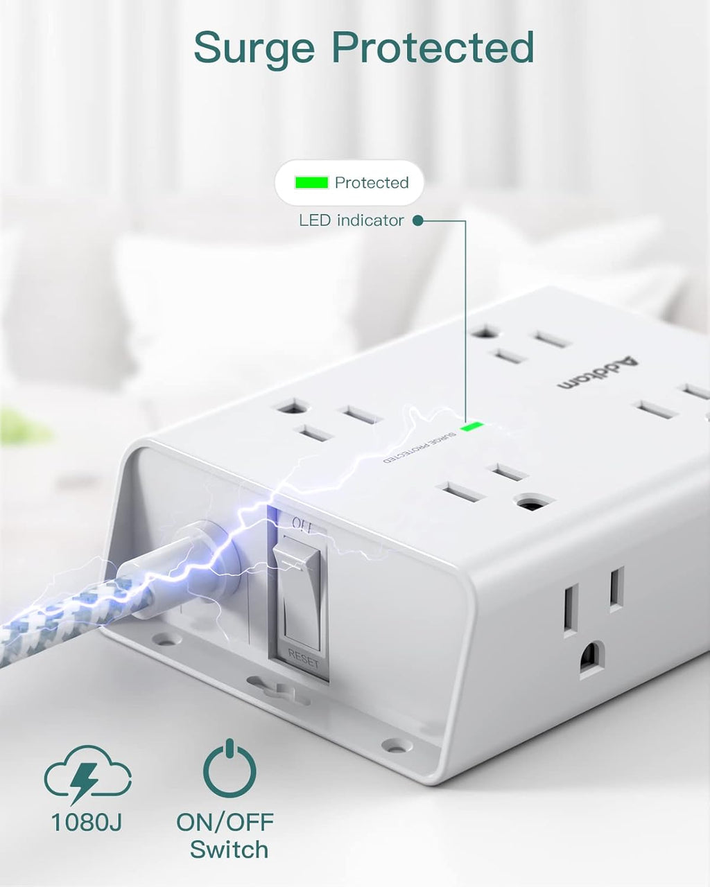 Surge Protector Power Strip, 8 Widely Outlets with 4 USB Ports (2 USB C), 5Ft Extension Cord with Multiple Plug Outlets, 3 Side Outlet Extender, Flat Plug, Wall Mount, ETL, White