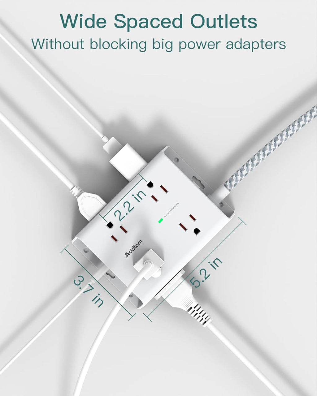 Surge Protector Power Strip, 8 Widely Outlets with 4 USB Ports (2 USB C), 5Ft Extension Cord with Multiple Plug Outlets, 3 Side Outlet Extender, Flat Plug, Wall Mount, ETL, White