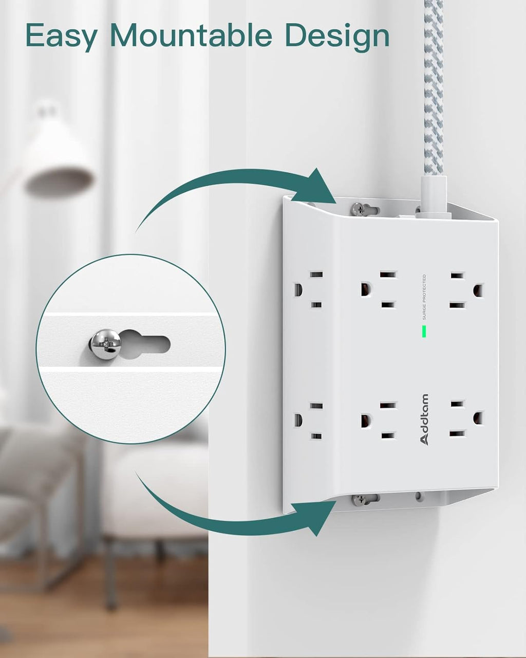 Surge Protector Power Strip, 8 Widely Outlets with 4 USB Ports (2 USB C), 5Ft Extension Cord with Multiple Plug Outlets, 3 Side Outlet Extender, Flat Plug, Wall Mount, ETL, White